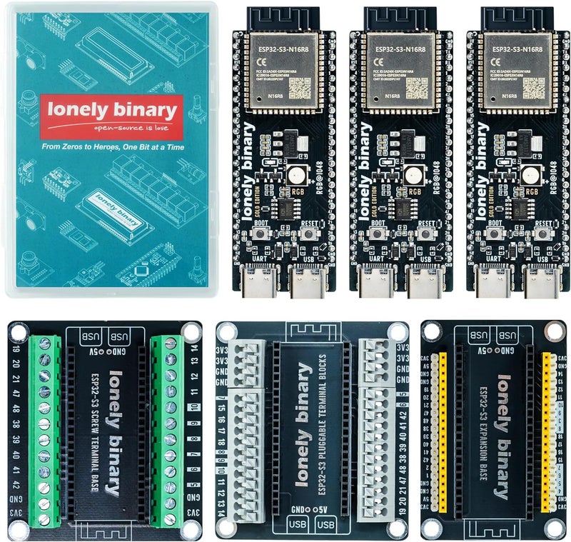 LONELY BINARY مجموعة ESP32-S3 N16R8 الذهبية 3 حزمة مع 16MB فلاش، 8MB PSRAM، لوحات توسيع، أطراف، كابل بيانات ودروس تعليمية - تشطيب ذهبي خالي من الرصاص متوافق مع Arduino IDE و MicroPython - Image 1